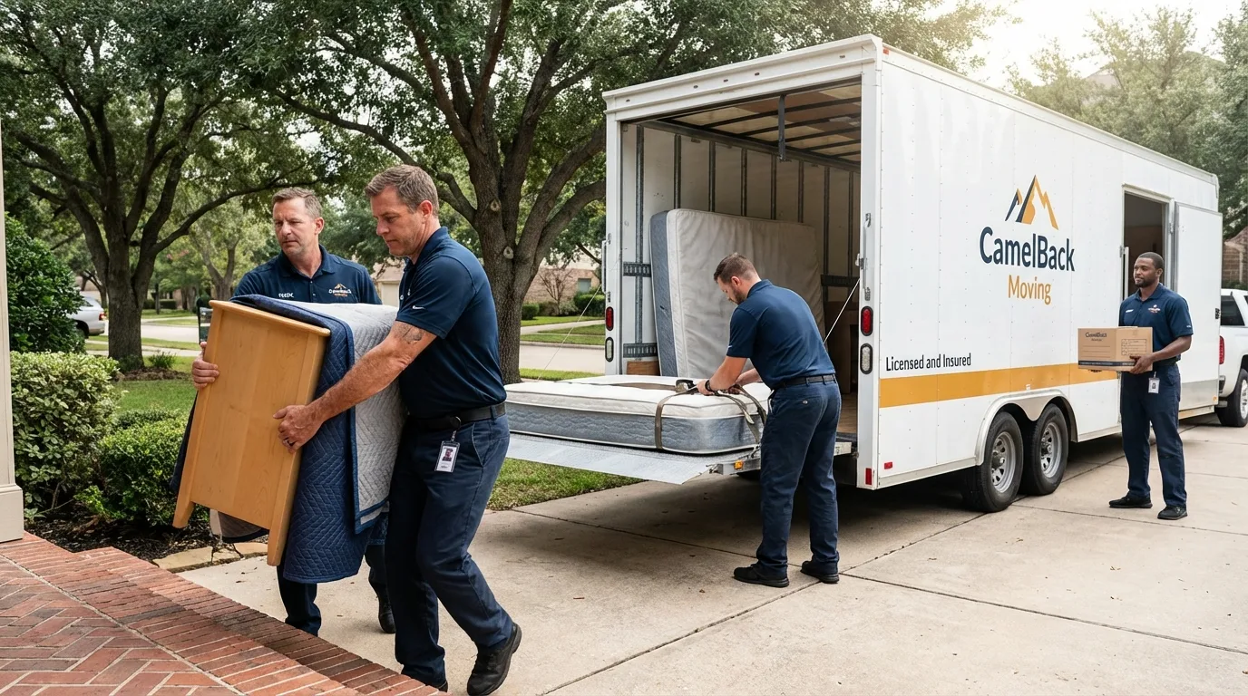 Crew loading residential truck for cross-state move from Henrietta, TX