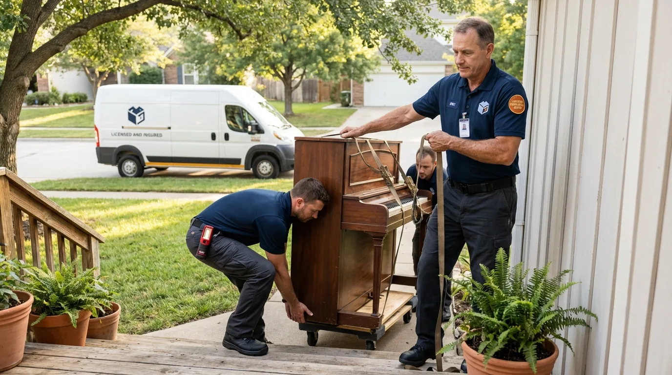 Licensed piano movers securing grand piano in Henrietta, TX