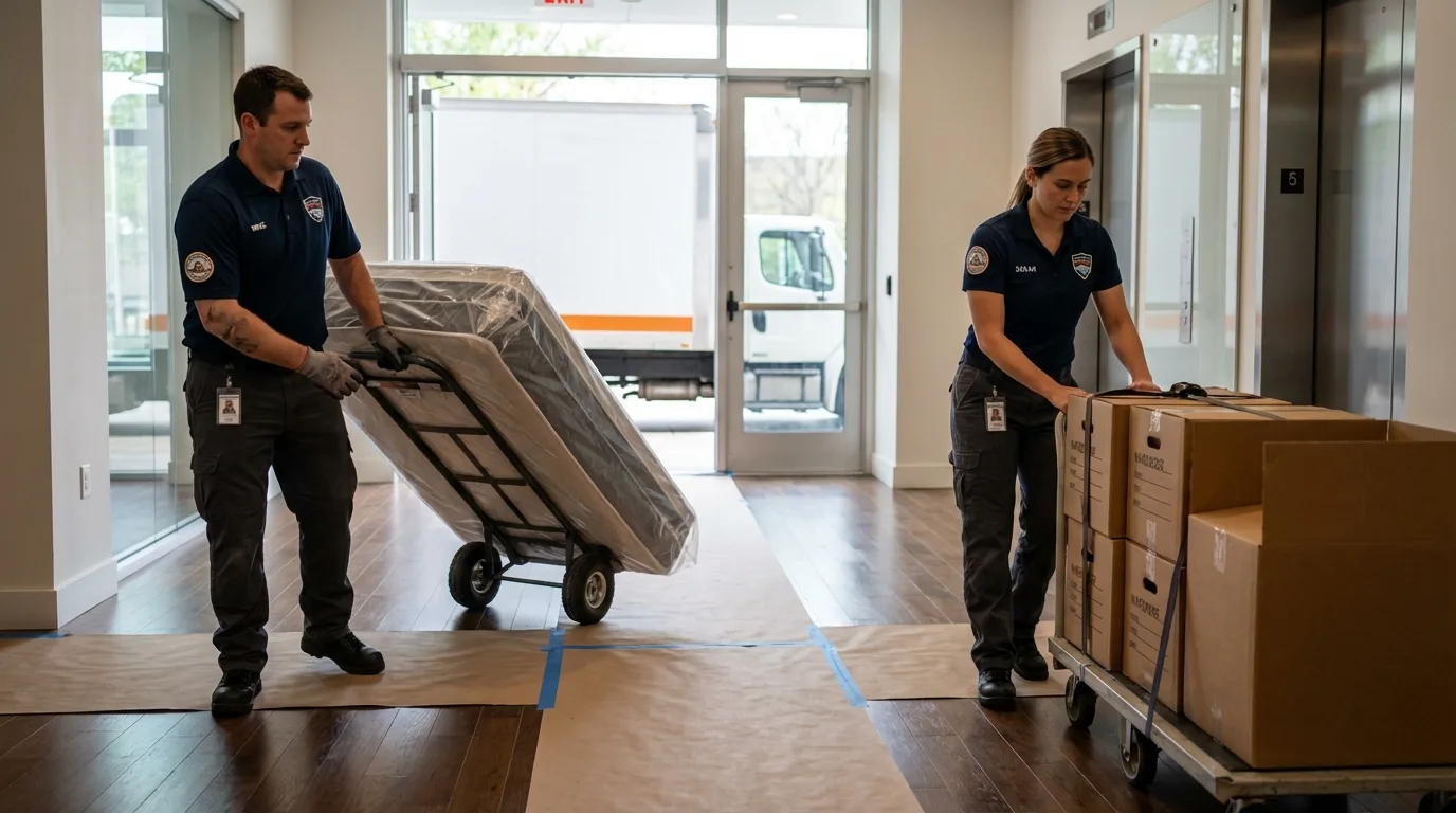 Professional apartment movers loading elevator in Henrietta, TX